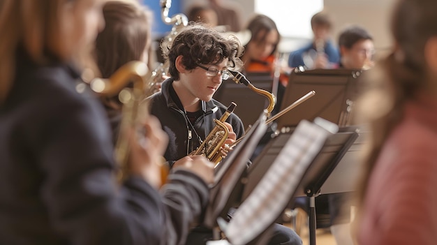 a boy plays the saxophone with a band