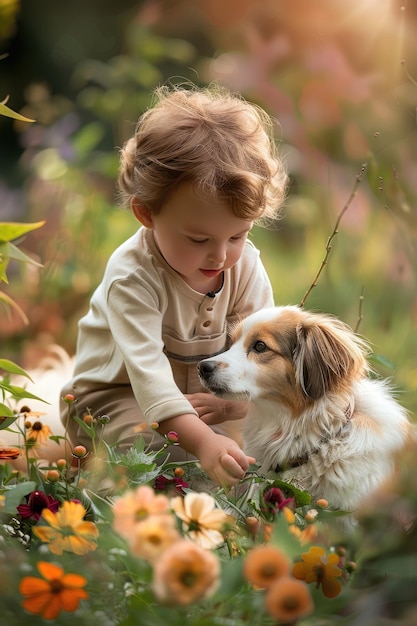 a boy plays with a dog in the park Selective focus