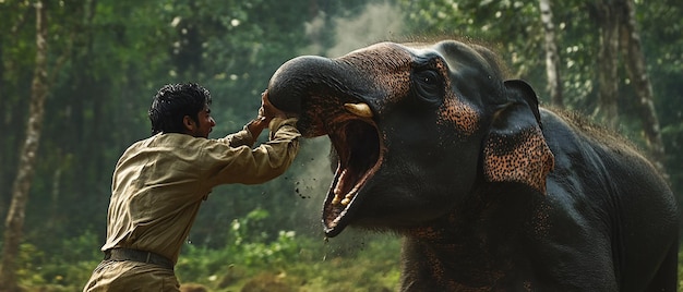 Photo a boy plays with an elephant