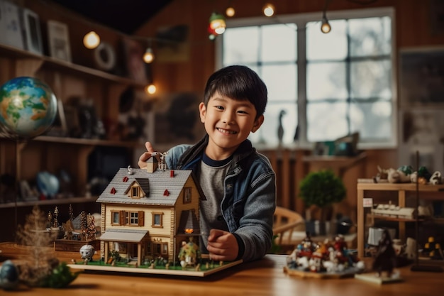 A boy plays with a model house in a kitchen.