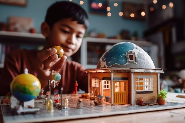 A boy plays with a model house with a globe on the top.