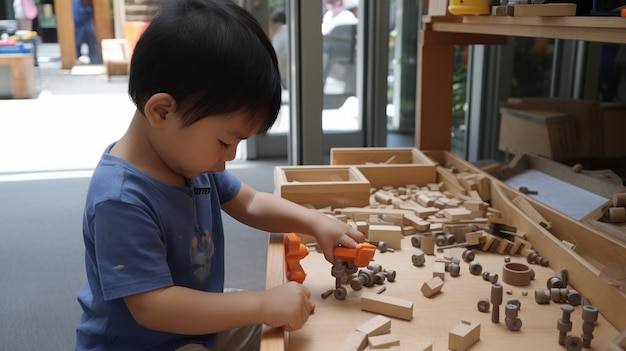 A boy plays with wooden blocks in a play area.