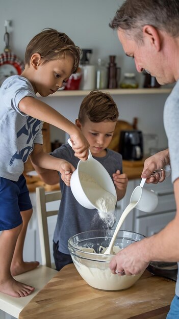 Photo boy pouring flour in pancake batter with brother and father at home