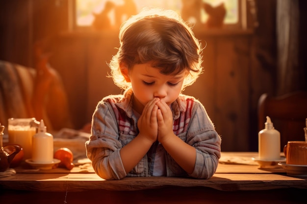 A boy prayed on the table Created with generative AI technology