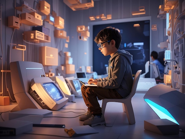 A boy programming in a room rendered in a 3D style