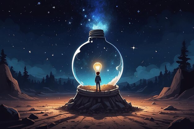 Photo boy pulled the big bulb half buried in the ground against night sky with stars and space dust digital art style illustration painting