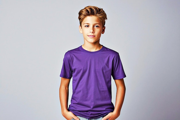 a boy in a purple shirt is standing in front of a gray background