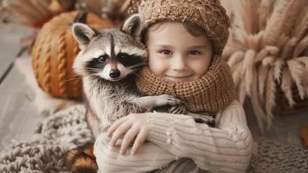 Boy and raccoon in matching fall accessories on isolated gray background