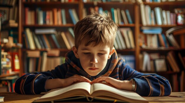 A boy reading book on the background of a bookcase