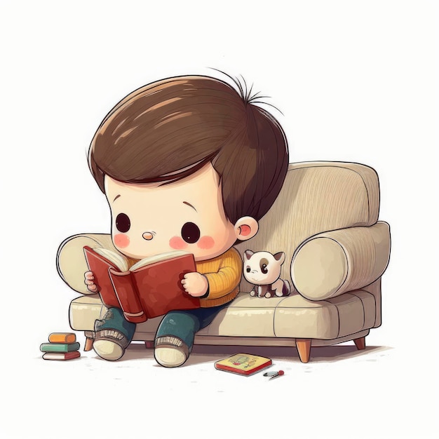 A boy reading a book in a chair.