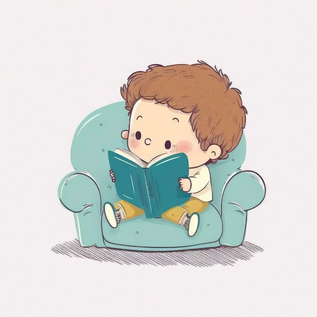 A boy reading a book on a couch