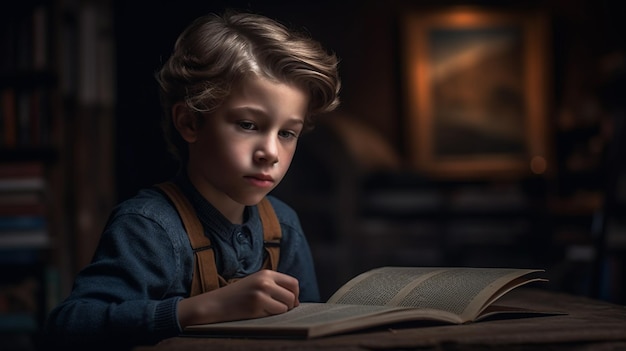 A boy reading a book in a dark room