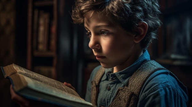 A boy reading a book in a dark room