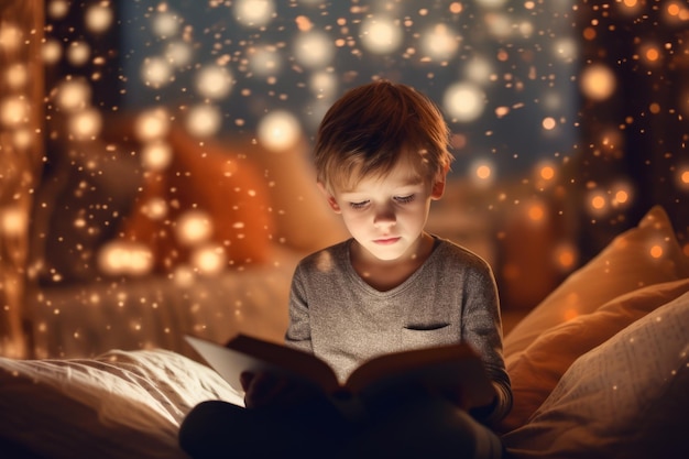 A boy reading a book with a blurred background of lights