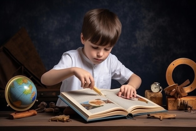 Boy Reading Book with Education Objects