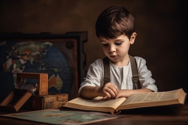 Boy Reading Book with Education Objects