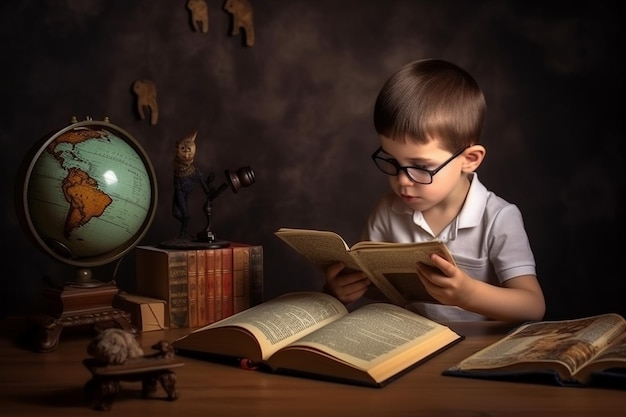 Boy Reading Book with Education Objects