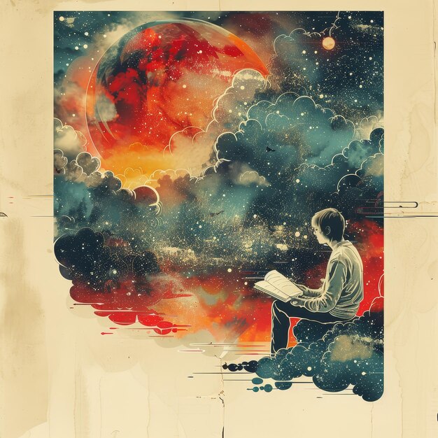 Photo a boy reading in the stars