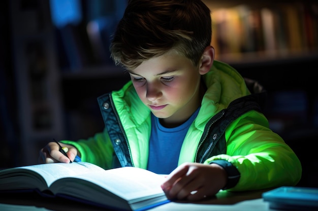 Boy reading a textbook with a highlighter