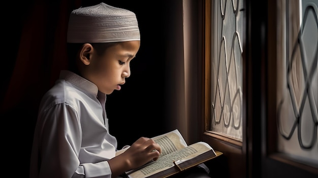 A boy reads a book by the window.