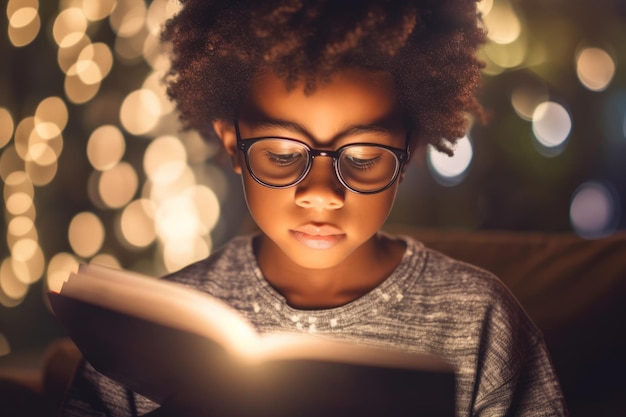 A boy reads a book with lights in the background