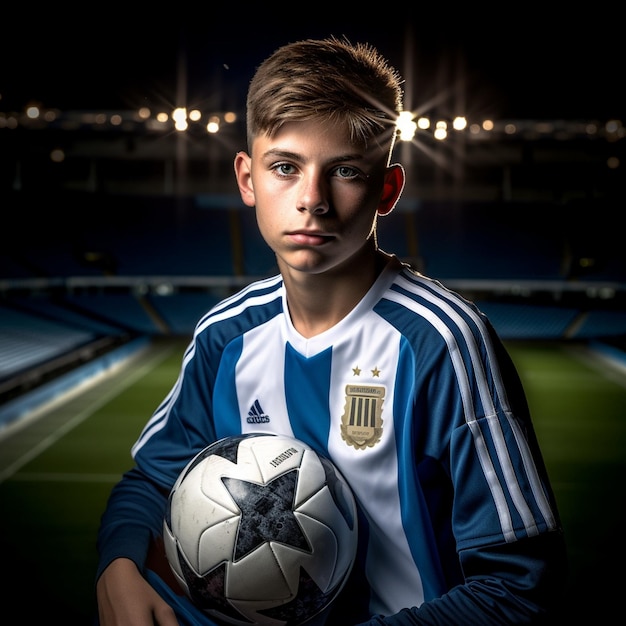 a boy in a red and black soccer jersey with a white logo on the front