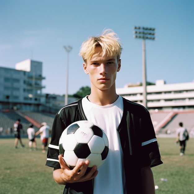 Photo a boy in a red and black soccer jersey with a white logo on the front