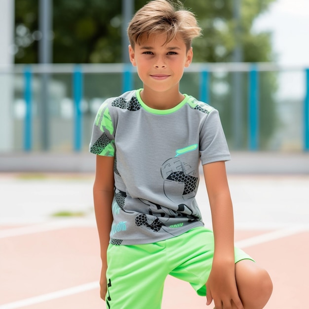 Photo a boy in a red and black soccer jersey with a white logo on the front