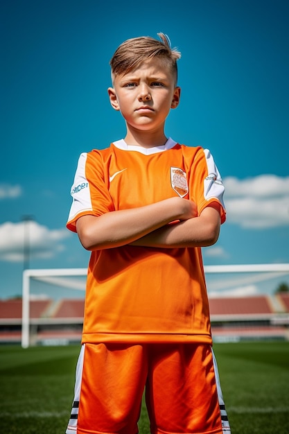 a boy in a red and black soccer jersey with a white logo on the front