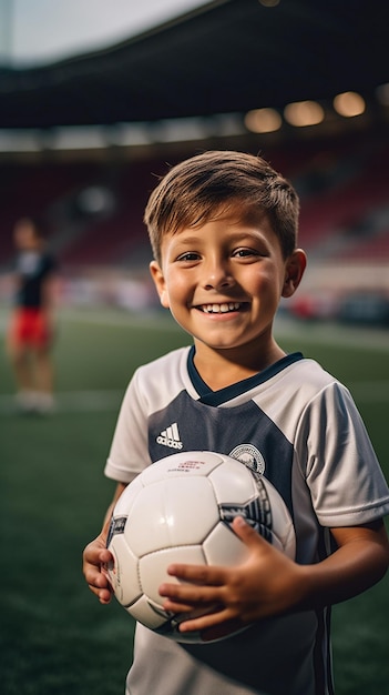 a boy in a red and black soccer jersey with a white logo on the front