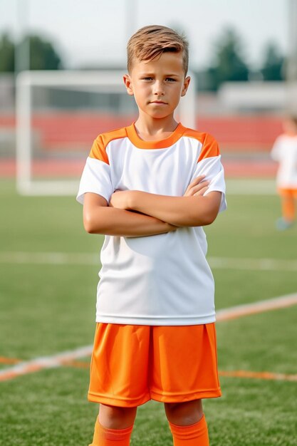 a boy in a red and black soccer jersey with a white logo on the front