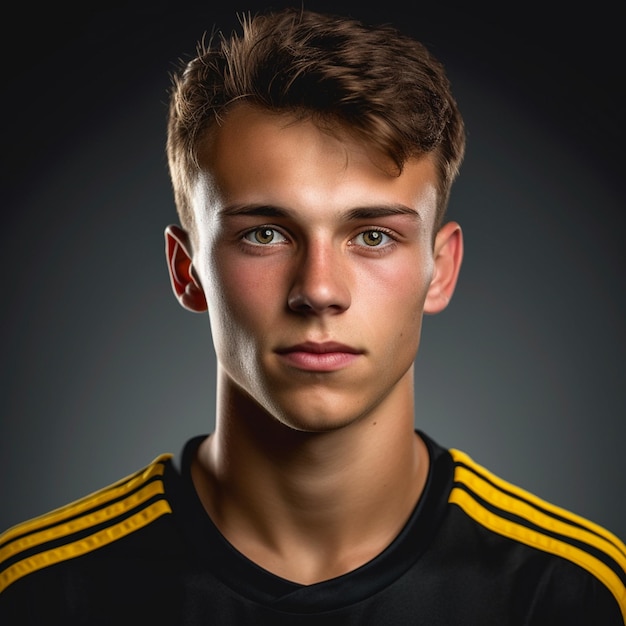 Photo a boy in a red and black soccer jersey with a white logo on the front