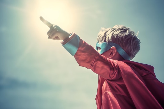 A boy in a red cape points to the sky.