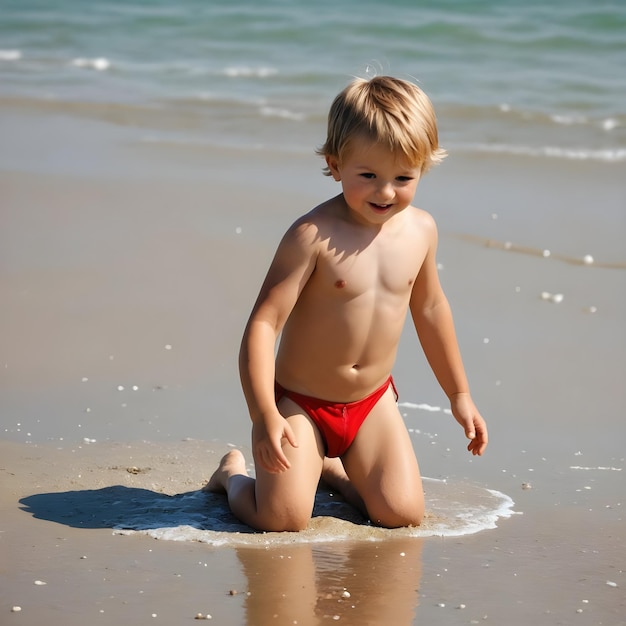 a boy in red swim trunks is playing in the sand