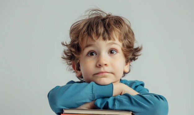 Boy resting his chin on a stack of books looking up thoughtfully