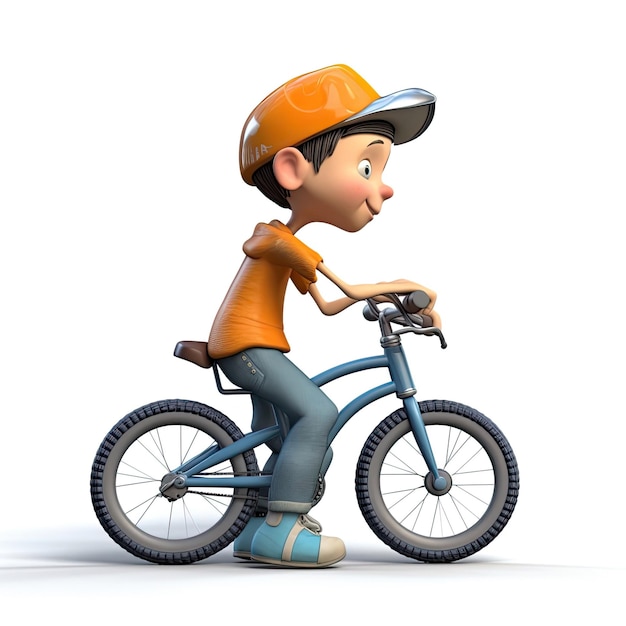 A boy riding a bike with a hat on.