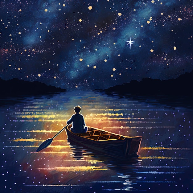 boy rowing a boat in the sea of the starry night with mysterious light, digital art style, illustrat