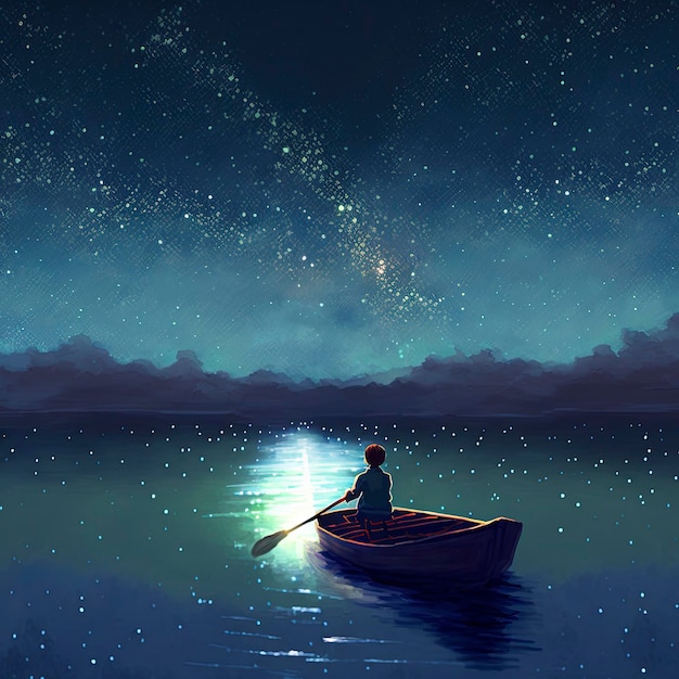 boy rowing a boat in the sea of the starry night with mysterious light, digital art style, illustrat