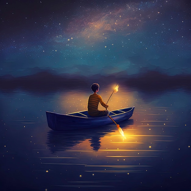 boy rowing a boat in the sea of the starry night with mysterious light, digital art style, illustrat