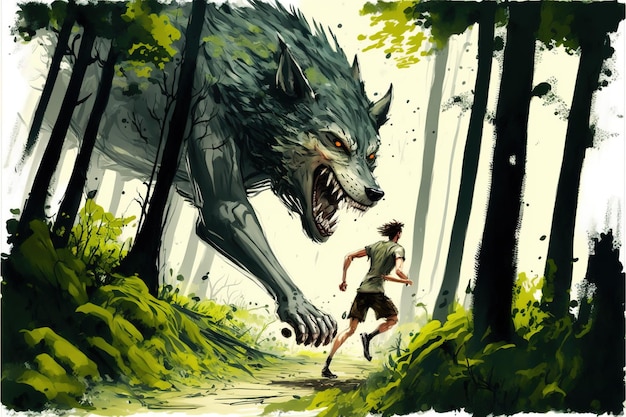 Boy running in the dark magic forest with his wild animal pet A man running in the forest with his legendary wolf digital art style illustration painting