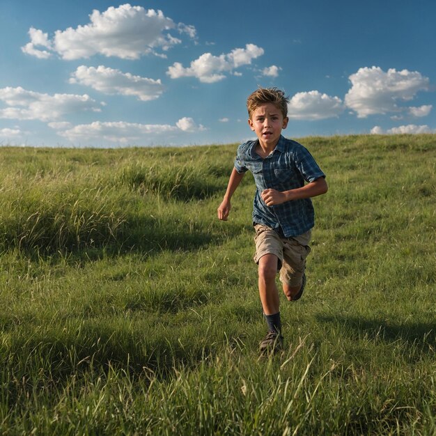 Photo a boy running in a field with a bottle of soda