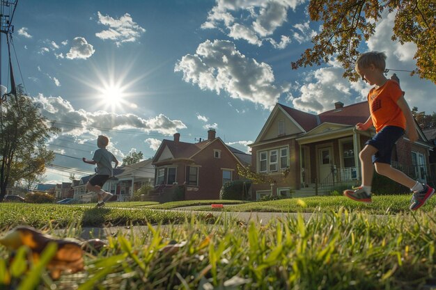 a boy running in front of a house with a frisbee in his hand