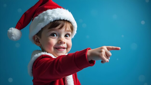 Photo a boy in a santa suit points to an empty space on a blue background