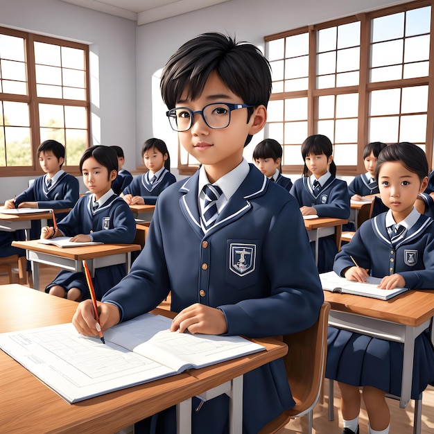 a boy in a school uniform is writing in a classroom with other students