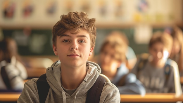 Boy seated among classmates