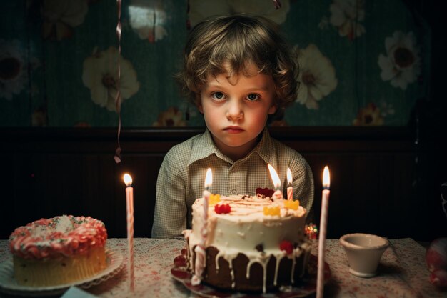 A boy in a shirt that has a birthday cake on it