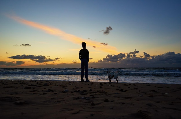 Boy silhouette and dog standing on beach near sea and looking on the waves in sunset