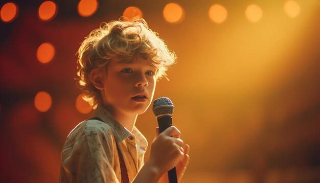 A boy singing into a microphone with the word sing on it