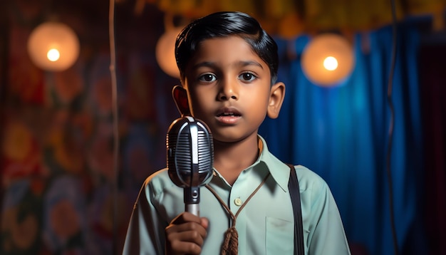 A boy singing into a microphone