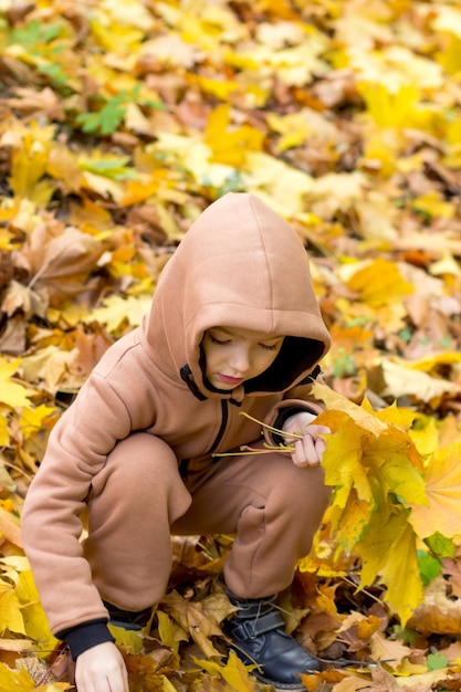 The boy sits in the autumn leaves in the park